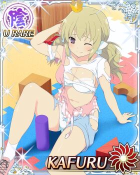  1girl apron blonde_hair border bra breasts card_(medium) character_name cleavage crown fallen_down game_cg gluteal_fold gold_crown grimace hand_on_floor kafuru_(senran_kagura) knee_up leaning_back low_twintails medium_breasts medium_hair mini_crown navel official_art one_eye_closed panties purple_eyes puzzle_piece rubbing_head senran_kagura senran_kagura_new_wave shirt short_twintails shorts sitting skindentation solo torn_apron torn_clothes torn_shirt torn_shorts twintails underwear white_bra white_panties yellow_pupils 