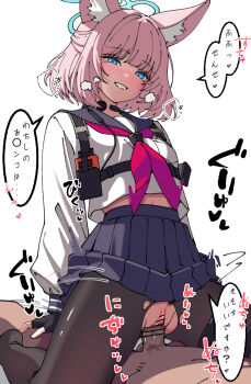  1boy 1girl animal_ear_fluff animal_ears area69 bag bar_censor black_gloves black_pantyhose blue_archive blue_eyes blue_halo blue_skirt blush bow bowtie breasts censored clothes_lift commentary_request cowgirl_position dark_skin fingerless_gloves fox_ears fox_girl girl_on_top gloves halo heart heavy_breathing highres long_animal_ears looking_at_another looking_down lying medium_hair motion_lines naughty_face navel niko_(blue_archive) on_back pantyhose pink_hair puffy_sleeves purple_bow purple_bowtie pussy pussy_juice school_uniform seductive_smile sex shirt shoulder_bag skirt skirt_lift small_breasts smile speech_bubble straddling strap tactical_school_uniform torn_clothes torn_pantyhose white_background white_shirt 