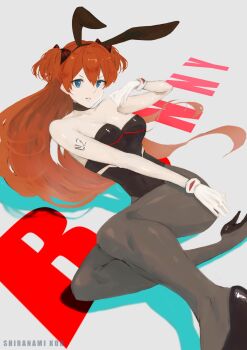  1girl animal_ears artist_request ass bare_shoulders black_leotard blue_eyes breasts brown_hair cleavage detached_collar fake_animal_ears fake_tail hair_between_eyes hand_on_ass highleg highleg_leotard highres interface_headset_(evangelion) leotard lips long_hair looking_at_viewer lying neon_genesis_evangelion pantyhose playboy_bunny rabbit_ears rabbit_tail shiny_clothes shiny_skin simple_background solo souryuu_asuka_langley tail very_long_hair 