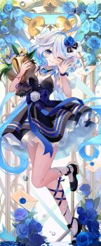  1girl absurdres alternate_costume black_shoes blue_eyes blue_hair bouquet closed_mouth commentary_request dress drop-shaped_pupils floating_hair flower full_body furina_(genshin_impact) genshin_impact grey_hair hair_between_eyes highres holding holding_bouquet long_hair looking_at_viewer multicolored_hair one_eye_closed pioko shoes short_sleeves smile socks solo symbol-shaped_pupils very_long_hair white_socks 