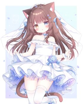  1girl :o absurdres animal_ear_fluff animal_ears bare_shoulders blush bow breasts brown_eyes brown_hair cat_ears cat_girl cat_tail choker cleavage collarbone commentary_request commission dress fang flower frilled_dress frills full_body gloves hair_between_eyes hair_bow hair_flower hair_ornament hair_ribbon highres holding layered_dress long_hair looking_at_viewer medium_breasts open_mouth original petticoat ribbon shoes skeb_commission skirt skirt_hold sleeveless sleeveless_dress small_breasts solo standing strapless strapless_dress tail thighhighs underwear usami_cocoa very_long_hair wedding_dress white_dress white_flower white_gloves 
