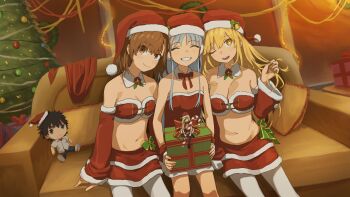  3girls blonde_hair bow bowtie breasts brown_eyes brown_hair character_doll christmas_present christmas_tree commentary commission couch detached_collar detached_sleeves doll dress english_commentary fur-trimmed_dress fur-trimmed_headwear fur-trimmed_skirt fur-trimmed_sleeves fur_trim gift grey_hair hat highres index_(toaru_majutsu_no_index) indoors kamijou_touma large_breasts long_hair looking_at_viewer misaka_mikoto multiple_girls navel on_couch red_bow red_bowtie red_dress red_skirt red_sleeves santa_costume santa_dress santa_hat shokuhou_misaki short_hair skirt small_breasts smile star-shaped_pupils star_(symbol) symbol-shaped_pupils tatararashi toaru_kagaku_no_railgun toaru_majutsu_no_index yellow_eyes 