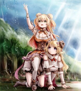  2girls ahoge all_fours arms_up bare_shoulders blonde_hair blue_sky breasts cleavage commentary_request double_bun gradient_hair green_eyes hair_bun hair_ornament highres hololive horns looking_up momosuzu_nene momosuzu_nene_(1st_costume) multicolored_hair multiple_girls nymph_rhythm open_mouth orange_hair outdoors purple_eyes riding sheep_horns sheep_tail sky tail thick_thighs thighs tsunomaki_watame tsunomaki_watame_(1st_costume) virtual_youtuber 