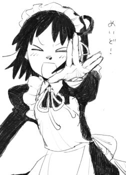  >_< 1girl am_0_52 apron arashiyama_hotori commentary_request happy highres juliet_sleeves long_sleeves looking_at_viewer maid maid_headdress open_mouth outstretched_arm puffy_sleeves ribbon salute simple_background solo soredemo_machi_wa_mawatteiru translation_request vulcan_salute 