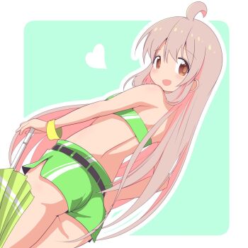  1girl ahoge alternate_costume ass ass_peek back bare_shoulders bikini bikini_shorts blue_background blush brown_eyes closed_umbrella from_behind green_bikini grey_hair heart highres holding holding_umbrella loli long_hair looking_at_viewer looking_back median_furrow onii-chan_wa_oshimai! open_mouth outline oyama_mahiro planted planted_umbrella race_queen short_shorts shorts solo strapless strapless_bikini swimsuit thighs two-tone_background umbrella underbutt unkimo very_long_hair white_background white_outline 