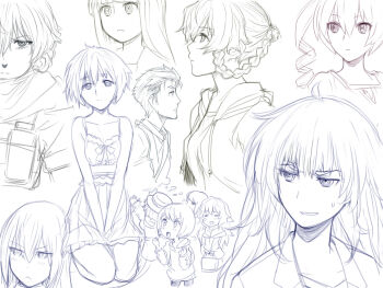  6+girls :< akiha_rumiho amane_suzuha amane_suzuha_(beta) amane_yuki blush braid chibi chibi_inset commentary_request frilled_nightgown glaring hair_rings highres hiyajou_maho kurushima_kaede long_hair makise_kurisu menomorute monochrome multiple_girls multiple_views nakase_katsumi nervous_sweating nightgown okabe_rintarou okabe_rintarou_(beta) science_adventure serious shiina_kagari shiina_mayuri simple_background steins;gate steins;gate_0 sweat twin_braids 