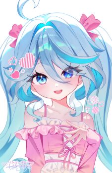  1girl :d alternate_hairstyle bare_shoulders blue_eyes blue_pupils blue_streaks blush collarbone commentary dalmyang drop-shaped_pupils furina_(genshin_impact) genshin_impact hair_between_eyes hand_up heterochromia highres long_hair long_sleeves looking_at_viewer multicolored_hair open_mouth signature simple_background smile solo streaked_hair symbol-shaped_pupils teeth twintails upper_teeth_only very_long_hair white_background white_hair 