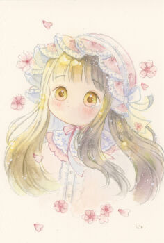  1girl absurdres blonde_hair blush bonnet brown_eyes commentary_request falling_flower floral_embroidery flower_request folded_collar frilled_nightgown highres japanese_clothes lace lolita_fashion looking_up nightgown original painting_(medium) pajamas petals raised_eyebrows sleepwear tato_(kunikida-3) tearing_up traditional_media upper_body wa_lolita watercolor_(medium) 