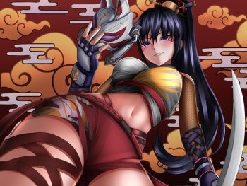  1girl black_hair blush breasts cowboy_shot facial_mark forehead_mark fox_mask high_ponytail highres holding holding_mask kunimitsu_ii long_hair mask medium_breasts namco navel parted_lips ponytail purple_hair red_shorts shinraizuku shirt shorts smirk solo tekken tekken_8 white_mask white_shirt yellow_shirt  rating:Sensitive score:4 user:danbooru