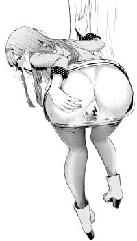  1girl absurdres anus ass bar_censor bent_over boots censored commentary_request from_behind full_body greyscale hairband hand_on_own_ass high_heel_boots high_heels highres idolmaster idolmaster_million_live! long_hair long_sleeves monochrome otsumoon pussy pussy_juice simple_background solo standing tanaka_kotoha white_background 
