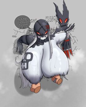  1girl anger_vein breasts claws clenched_teeth colored_skin digimon digimon_(creature) disembodied_hand english_text gigantic_breasts grey_skin horndog huge_breasts ladydevimon long_hair milking nipples pov pov_hands red_eyes speech_bubble steaming_body sweat teeth through_wall torn_clothes white_hair 