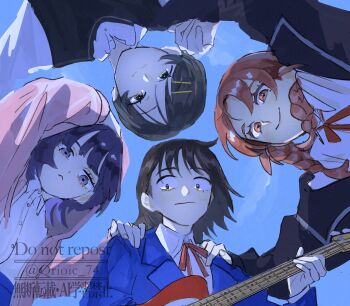  4girls :< black_eyes black_hair black_jacket black_sweater_vest blazer blue_jacket blue_sky braid braided_twintails brown_eyes brown_hair circle_formation closed_mouth collared_shirt electric_guitar from_below fujii_ayame futsuu_no_keion-bu green_eyes guitar hair_ornament hairpin hand_on_another's_shoulder hatono_chihiro heartbreak_(futsuu_no_keion-bu) highres holding holding_guitar holding_instrument hood hood_up hooded_jacket instrument jacket kouyama_rin multiple_girls neck_ribbon outdoors pink_jacket pixie_cut purple_eyes purple_hair qrioic74 red_ribbon ribbon school_uniform shirt short_hair sky small_pupils sweater_vest twin_braids uchida_momo watermark white_shirt 