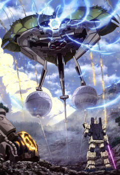  absurdres apsalus apsalus_iii artist_request battle cable cloud cloudy_sky damaged destruction duel electricity energy energy_sword firing glowing glowing_hot gouf gouf_flight_type gundam gundam_08th_ms_team gundam_ez8 gundam_perfect_file highres machinery mecha mecha_focus missing_limb mobile_suit official_art one-eyed realistic robot scan scene_reference science_fiction sky sword weapon wreckage zeon 