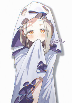  1girl blonde_hair blush colored_eyelashes commentary_request covering_own_mouth dot_nose ear_piercing earrings gakuen_idolmaster ghost_costume hand_up highres idolmaster jewelry long_hair looking_at_viewer messiah_go navel orange_eyes piercing shinosawa_hiro signature simple_background solo standing straight-on straight_hair stud_earrings tareme upper_body white_background 