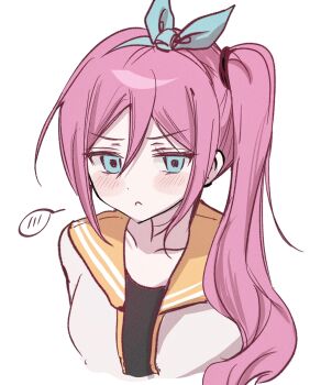  1girl alternate_costume aubrey_(faraway)_(omori) aubrey_(omori) blue_eyes blue_hairband blush closed_mouth collarbone commentary_request double-parted_bangs hair_between_eyes hairband hashtag-only_commentary highres jacket long_hair looking_at_viewer omori open_clothes open_jacket pink_hair side_ponytail sidelocks simple_background solo speech_bubble spoken_blush upper_body white_background white_jacket wktdms1 