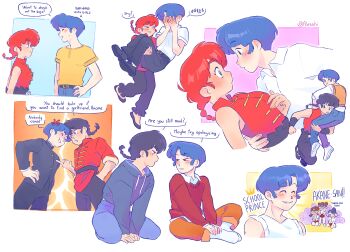  2boys 4girls absurdres alesshiart black_hair black_hoodie black_pants blue_eyes blue_hair blue_pants blush braid breasts buruma carrying chinese_clothes commentary covering_own_face double_bun dual_persona embarrassed english_commentary english_text gakuran genderswap genderswap_(ftm) gym_uniform hair_bun hand_in_pocket hand_on_own_hip hetero highres hood hoodie indian_style low_twintails medium_breasts multiple_boys multiple_girls pants princess_carry ranma-chan ranma_1/2 red_buruma red_hair red_sweater saotome_ranma school_uniform shirt single_braid single_hair_bun sitting socks sweater tangzhuang tendou_akane twintails white_shirt white_socks 