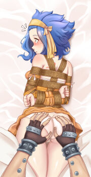 1boy 1girl arm_piercing arms_behind_back ass back_tattoo bare_shoulders bdsm bed bed_sheet blue_hair blush bondage bound bound_arms bound_breasts bound_torso brass_knuckles breast_bondage breasts brown_eyes butt_crack clenched_hand clenched_hands commission commissioner_upload detached_sleeves dress fairy_tail female_focus fingerless_gloves gajeel_redfox gloves grabbing_another's_ass groping hair_ornament hair_ribbon lace_trim levy_mcgarden looking_ahead looking_to_the_side lying medium_hair messy_hair on_stomach open_mouth out_of_frame out_of_frame_male panties pants parted_lips perky_breasts piercing red_tattoo ribbon rope shibari shibari_over_clothes short_dress short_hair size_difference skin_tight skindentation small_breasts solo_focus strapless strapless_dress surprised sweat sweatdrop tattoo thigh_gap thighs underwear weapon white_background white_panties white_pants wide-eyed wrist_cuffs wristband yellow_dress yellow_ribbon yon_senpai