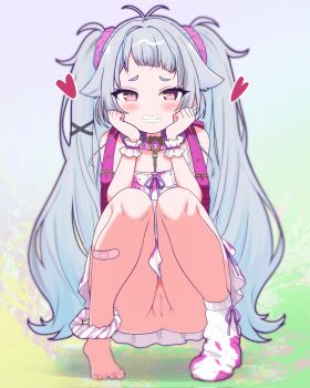  1girl absurdres aged_down ankle_scrunchie backpack bag bandaid bandaid_on_leg barefoot cleft_of_venus clenched_teeth commission dress grey_hair hair_flaps hair_ornament heart highres indie_virtual_youtuber jamilsaga loli long_hair looking_at_viewer menace_mamaki no_panties no_shoes open_mouth purple_eyes pussy scrunchie second-party_source single_sock socks solo squatting teeth twintails virtual_youtuber white_dress white_socks x_hair_ornament 