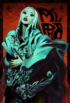  1girl 2ne1 album_name black_border black_eyeshadow border cl_(rapper) commentary eyeshadow glint highres k-pop long_hair makeup mole parted_lips real_life red_background red_lips serpentire solo sparkle white_hair 