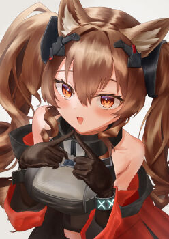  1girl :d alternate_breast_size_(larger) angelina_(arknights) animal_ear_fluff animal_ears arknights arknights:_endfield bare_shoulders black_gloves blush bracelet breasts brown_hair channelchron coat commentary diamond-shaped_pupils diamond_(shape) dot_nose dress elbow_gloves fox_ears fox_girl from_above gilberta_(arknights) gloves grey_dress hair_between_eyes headpiece high_collar highres impossible_clothes impossible_dress index_fingers_together infection_monitor_(arknights) jewelry large_breasts long_hair looking_at_viewer off_shoulder open_clothes open_coat open_mouth orange_eyes red_coat simple_background smile solo symbol-shaped_pupils twintails untranslatable_commentary white_background wide_sleeves 