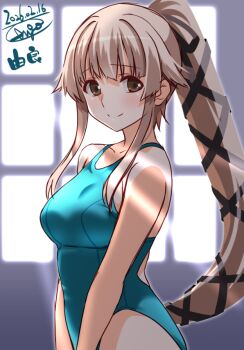  1girl blush breasts commentary_request cowboy_shot dated day engo_(aquawatery) green_one-piece_swimsuit hair_flaps hair_ribbon kantai_collection long_hair looking_at_viewer one-piece_swimsuit pink_hair ponytail ribbon school_swimsuit signature smile solo sunlight swimsuit very_long_hair window yura_(kancolle) 