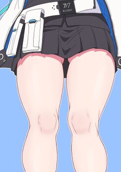  1girl absurdres belt black_skirt blue_archive commentary_request highres jacket leg_focus lower_body miniskirt nanafumi_(nanafumino) pleated_skirt skirt solo textless_version thigh_focus white_belt white_jacket yuuka_(blue_archive) 