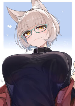  1girl animal_ear_fluff animal_ears aqua-framed_eyewear belt_collar black_sweater blunt_bangs border breasts check_commentary closed_mouth collar commentary_request fang from_below glasses gradient_background grey_hair half-closed_eyes heart highres irene_(ogami_kazuki) jacket large_breasts light_blush light_smile looking_at_viewer ogami_kazuki original outside_border red_jacket removing_jacket see-through_silhouette short_hair solo sweater upper_body white_border wolf_ears yellow_eyes 