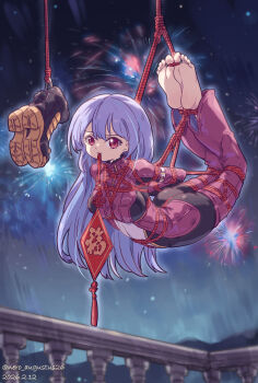  1girl absurdres arms_behind_back barefoot bdsm blue_hair bodysuit bondage bound bound_arms bound_legs breasts commentary_request fireworks highres hogtie kula_diamond long_hair medium_breasts nero_augustus purple_bodysuit red_eyes rope shibari shibari_over_clothes shoes solo suspension the_king_of_fighters unworn_shoes 