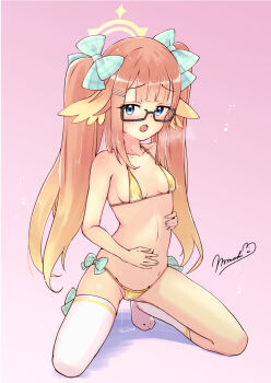  1girl :o aroused asymmetrical_legwear bikini blonde_hair blue_archive blue_eyes blunt_bangs blush breasts breath commentary_request feather_hair glasses gold_bikini hair_ribbon halo heavy_breathing highres kneehighs loli long_hair micro_bikini milkmochi mismatched_legwear multicolored_hair navel orange_hair plaid_ribbon pussy_juice ribbon ribbon-trimmed_underwear ribbon_trim semi-rimless_eyewear shimiko_(blue_archive) small_breasts socks solo squatting stomach swimsuit thighhighs twintails under-rim_eyewear underwear very_long_hair white_thighhighs yellow_bikini 
