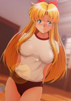  1girl aino_minako bishoujo_senshi_sailor_moon blonde_hair blue_eyes blush bow breasts buruma large_breasts long_hair looking_at_viewer nanashi_noiji red_bow short_hair very_long_hair 