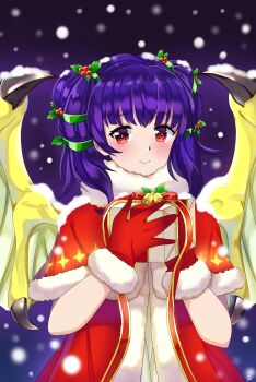  1girl absurdres alternate_costume bell berry blurry blurry_background blush box capelet christmas closed_mouth coat dragon_girl dragon_wings dress fire_emblem fire_emblem:_the_sacred_stones fur-trimmed_capelet fur-trimmed_coat fur-trimmed_gloves fur_collar fur_trim gift gift_box gloves gold_trim green_hairband green_wings hair_tie hairband hands_up highres holding holding_gift light_smile long_hair long_ribbon looking_at_viewer maji_(majibomber) mistletoe mistletoe_hair_ornament multi-tied_hair myrrh_(fire_emblem) night nintendo open_clothes open_coat pale_skin purple_hair red_capelet red_eyes red_gloves red_ribbon ribbon santa_costume santa_dress snow_on_head snowflakes snowing standing star_(symbol) twintails upper_body w_arms white_dress wings yellow_wings  rating:General score:3 user:PokaraNoOobabasama