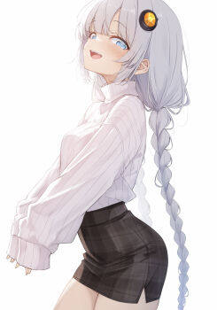  1girl black_skirt blue_eyes blush braid breasts commentary_request grey_hair haamon_(harmon) hair_ornament hairclip highres kizuna_akari large_breasts long_hair long_sleeves looking_at_viewer open_mouth pencil_skirt plaid_clothes plaid_skirt ribbed_shirt shirt simple_background skirt sleeves_past_wrists smile solo striped_clothes striped_shirt twin_braids vertical-striped_clothes vertical-striped_shirt voiceroid white_background 