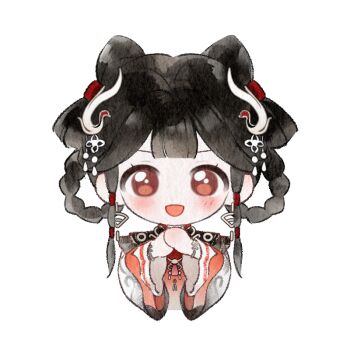  1girl artist_request bird bird_hair_ornament black_dress black_hair blunt_bangs bow-shaped_hair bracelet braid braided_hair_rings brown_eyes chibi chinese_clothes collared_dress crane_(animal) cropped_torso double_bun dress earrings eyelashes frilled_sleeves frills gold_bracelet gold_earrings gold_necklace hair_bun hair_ornament hair_rings hair_tubes hands_on_own_chest happy high_collar infinity_nikki jewelry layered_sleeves light_blush long_sleeves looking_at_viewer mandarin_collar necklace nikki_(series) official_art open_mouth own_hands_together red_tabard short_hair_with_long_locks short_over_long_sleeves short_sleeves sidelocks smile solo song_beyond_(infinity_nikki) sticker_(medium) straight-on tabard tareme transparent_background white_sleeves 