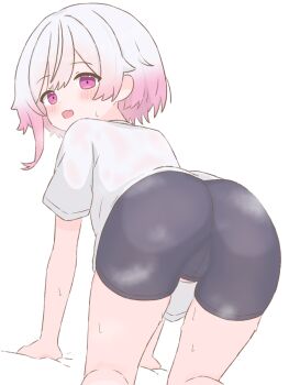  1girl ass bent_over bike_shorts blush fang from_behind gradient_hair highres loli mahou_shoujo_no_majo_saiban multicolored_hair open_mouth pale_skin pink_eyes pink_hair sakuraba_ema shirt skin_fang solo steam steaming_body sweat tabedesuyo two-tone_hair wet wet_clothes wet_shirt white_hair white_shirt 