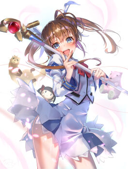  1boy 1girl absurdres brown_hair character_doll doll ferret fingerless_gloves gloves green_eyes highres long_hair lyrical_nanoha magical_girl mahou_shoujo_lyrical_nanoha octagram open_mouth purple_eyes raising_heart raising_heart_(standby_mode) ribbon skirt staff star_of_lakshmi takamachi_nanoha twintails v v_over_mouth voice_actor_connection weapon white_devil yonabe yuuno_scrya 
