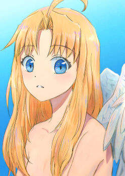 1girl absurdres ahoge bird_girl bird_wings blonde_hair blue_background blue_eyes breasts collarbone commentary_request diamond-shaped_pupils diamond_(shape) feathered_wings filo_(tate_no_yuusha_no_nariagari) gradient_background highres loli long_hair long_sidelocks looking_at_viewer nude parted_bangs parted_lips portrait sidelocks small_breasts solo symbol-shaped_pupils tate_no_yuusha_no_nariagari white_wings wings without_appoint 