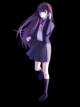  1girl ahoge black_background black_skirt black_socks blue_jacket bowtie brown_hair closed_mouth dark_moon:_the_blood_altar hand_up jacket long_hair open_clothes open_jacket red_bow red_bowtie school_uniform shirt shoes simple_background skirt smile socks solo sooha_(dark_moon:_the_blood_altar) striped_bow striped_bowtie striped_clothes very_long_hair white_bow white_bowtie white_shirt  rating:General score:0 user:Gox