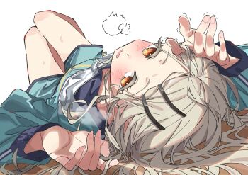  1girl blush commentary full_body gakuen_idolmaster green_shorts grey_hair hair_ornament hairclip hands_up highres idolmaster long_hair long_sleeves looking_at_viewer lying on_back open_mouth parallel_hairclips shinosawa_hiro shinshin_(ssnsn_oekaki) shirt shorts simple_background solo sweat white_background white_shirt yellow_eyes  rating:General score:3 user:danbooru