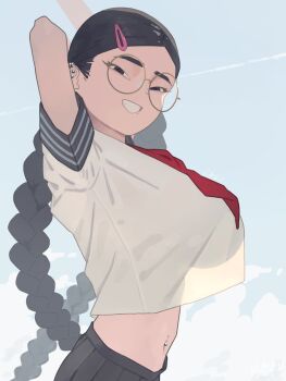  1girl black_hair black_skirt braid braided_twintails breasts commentary_request ear_piercing glasses grin hair_ornament hairpin half-closed_eyes hands_up highres large_breasts long_hair midriff navel_piercing neckerchief niwatori5948 original parted_hair piercing pleated_skirt red_neckerchief round_eyewear sailor_collar sailor_shirt school_uniform see-through_clothes see-through_shirt serafuku shirt short_sleeves skirt sky sleeve_cuffs smile solo upper_body very_long_hair white_shirt 
