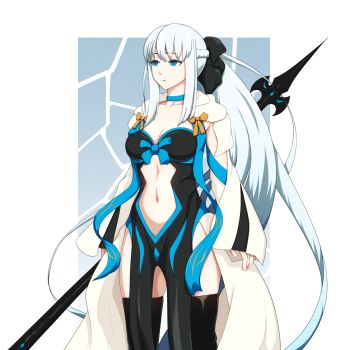  1girl black_bow black_dress black_sleeves blue_background blue_choker blue_dress blue_eyes blue_sleeves blue_trim boots border bow braid breasts center_opening choker clothing_cutout commentary cowboy_shot cummystudio detached_sleeves dress english_commentary expressionless fate/grand_order fate_(series) gradient_background grey_hair hair_bow half_up_braid holding holding_polearm holding_weapon long_hair medium_breasts morgan_le_fay_(fate) morgan_le_fay_(second_ascension)_(fate) multicolored_sleeves navel orange_ribbon polearm ponytail ribbon sidelocks sleeves_past_wrists solo stomach_cutout thigh_boots two-tone_dress very_long_hair weapon white_background white_border white_sleeves wide_sleeves 