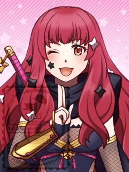  1girl ;d bodystocking breasts cleavage commentary commentary_request english_commentary facial_mark fire_emblem fire_emblem_engage fire_emblem_heroes fishnet_bodystocking fishnets fukukichi2529 hair_ornament long_hair medium_breasts mixed-language_commentary ninja nintendo official_alternate_costume one_eye_closed open_mouth pink_background red_eyes red_hair red_pupils smile solo star_(symbol) star_facial_mark star_hair_ornament upper_body watermark wavy_hair yunaka_(fire_emblem) yunaka_(stealthy_imitator)_(fire_emblem) 