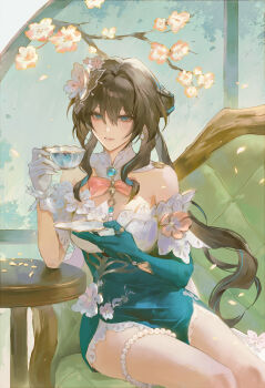  1girl absurdres aqua_dress aqua_gloves aqua_hair asymmetrical_gloves ateli_er black_hair breasts china_dress chinese_clothes closed_mouth cup detached_sleeves dress dress_flower elbow_gloves flower gloves green_eyes hair_between_eyes hair_flower hair_ornament highres holding holding_cup honkai:_star_rail honkai_(series) large_breasts long_hair looking_at_viewer mismatched_gloves multicolored_hair official_alternate_costume plate ruan_mei_(honkai:_star_rail) ruan_mei_(plumblossom_letter)_(honkai:_star_rail) short_sleeves single_elbow_glove sitting solo streaked_hair teacup uneven_gloves white_flower white_gloves 