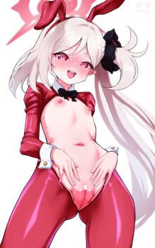 1girl absurdres animal_ears blue_archive breasts censored cleft_of_venus halo highres loli long_hair looking_at_viewer matsumaramara mutsuki_(blue_archive) open_mouth pointy_ears pussy rabbit_ears red_eyes red_halo reverse_bunnysuit reverse_outfit simple_background small_breasts solo standing white_background white_hair