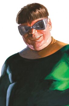  1boy absurdres alex_ross bodysuit bowl_cut brown_hair comic_cover cover cover_page doctor_octopus green_bodysuit grey-framed_eyewear highres male_focus marvel mature_male official_art open_mouth otto_octavius plump realistic short_hair smile solo spider-man_(series) teeth tinted_eyewear upper_body western_comics_(style) white_background 