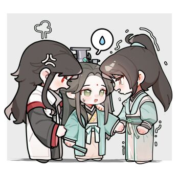  3boys :d anger_vein bindi black_hair black_hanfu border boy_sandwich brown_eyes chibi chibi_only chinese_clothes clone_harem clothes_grab coat collared_coat crying crying_with_eyes_open curtained_hair folded_fan folding_fan grabbing_another's_sleeve green_eyes green_hanfu grey_background half_updo hand_fan hanfu hashtag-only_commentary high_ponytail highres holding holding_fan holding_hands jealous layered_sleeves long_hair long_sleeves luo_binghe male_focus multiple_boys open_mouth pants parted_bangs ponytail puff_of_air raised_eyebrows red_eyes renzha_fanpai_zijiu_xitong ribboned_xiao_guan sandwiched shadow shen_qingqiu sidelocks smile spoken_sweatdrop standing sweatdrop tears time_paradox trembling white_border white_coat white_hanfu white_pants wolf_cut yaoi zorenbigmalo zuiyin 