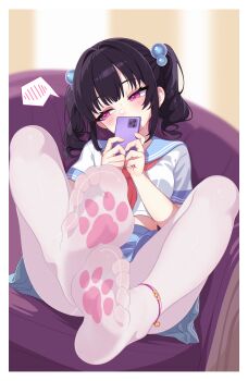  1girl absurdres anklet averting_eyes black_hair blue_sailor_collar blue_skirt blurry blurry_background blush border cellphone chinese_commentary commentary commentary_request covered_mouth embarrassed english_commentary feet foot_focus foreshortening hair_bobbles hair_ornament head_tilt highres holding holding_phone jewelry midriff_peek mixed-language_commentary neckerchief no_shoes original paid_reward_available pantyhose paw_print paw_print_socks paw_print_soles phone pink_eyes red_neckerchief sailor_collar school_uniform shirt short_sleeves skirt smartphone socks soles solo spoken_blush sweat toes twintails white_border white_pantyhose white_shirt yao_(pixiv9482697)  rating:Sensitive score:173 user:danbooru