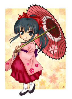 1girl black_eyes black_hair bow breasts brown_eyes fingerless_gloves gloves hair_ribbon highres japanese_clothes legs long_hair long_skirt looking_at_viewer own_hands_clasped parted_lips ponytail red_bow ribbon sakura_taisen sega shinguuji_sakura skirt small_breasts teeth thighs umbrella