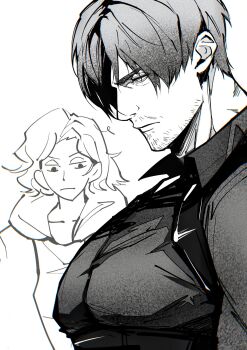  1boy 1girl beard_stubble black_shirt c138300 chest_harness closed_mouth collared_shirt commentary facial_hair from_side grace_ashcroft greyscale harness highres large_pectorals leon_s._kennedy looking_at_pectorals looking_down mature_male monochrome pectorals resident_evil resident_evil_requiem shirt short_hair simple_background stubble upper_body white_background 
