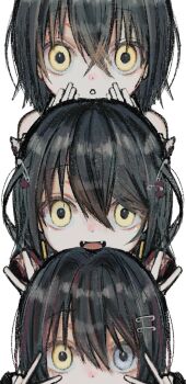  1boy black_hair commentary_request double_v hair_between_eyes heterochromia highres l3memc358 looking_at_viewer mashiro_meme mashiro_meme_(1st_costume) mashiro_meme_(2nd_costume) mashiro_meme_(3rd_costume) multiple_views nijisanji official_alternate_costume open_mouth safety_pin_hair_ornament short_hair simple_background smile two_side_up v virtual_youtuber white_background yellow_eyes 