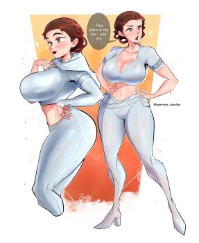  1girl alternate_breast_size_(larger) blush boots breasts brown_eyes brown_hair cleavage high_heel_boots high_heels large_breasts padme_amidala pants spartans_doodles star_wars thick_thighs thighs tight_clothes tight_pants  rating:Sensitive score:1 user:TheKindHaremMaster